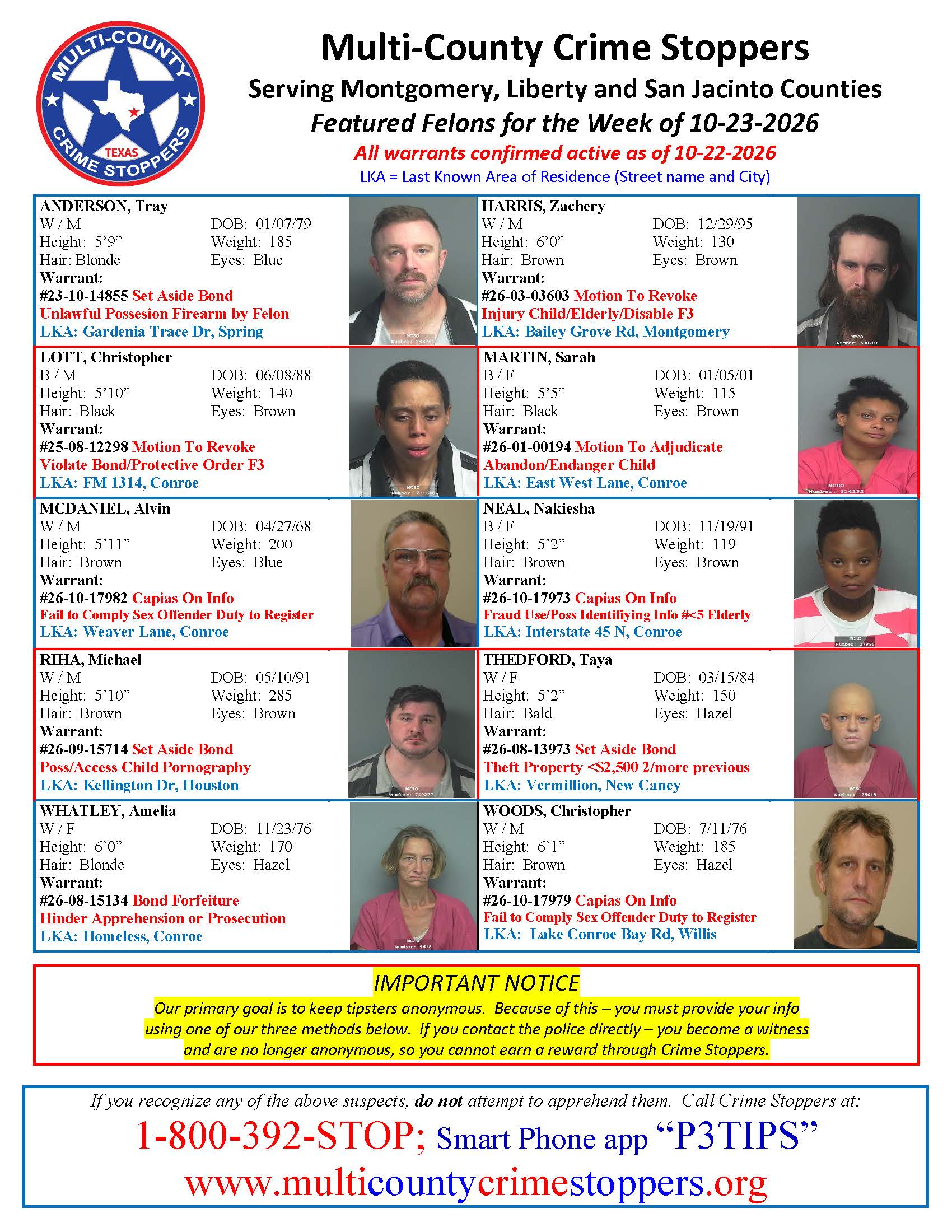 MONTGOMERY COUNTY MOST WANTED OCTOBER 23, 2026
